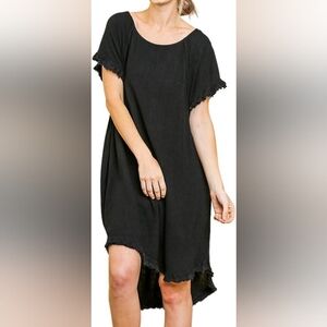 Umgee Black Lovable High Low Frayed Hem Dress Linen Blend